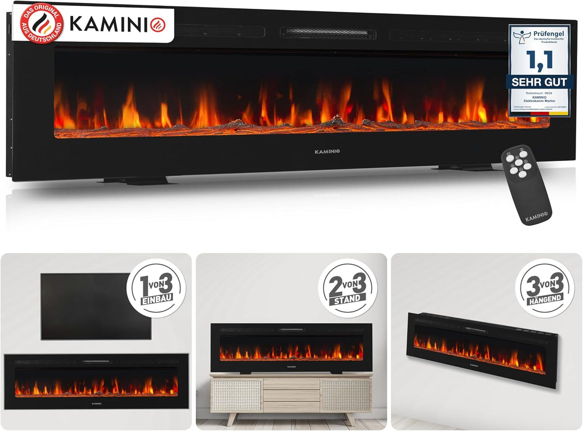 KAMINIO Elektrokamin, 70 Zoll, schwarz, Marlon - Elektrischer 3-in-1 Kamin mit Heizung, 3D-Flammeneffekt, 12 Flammenfarben