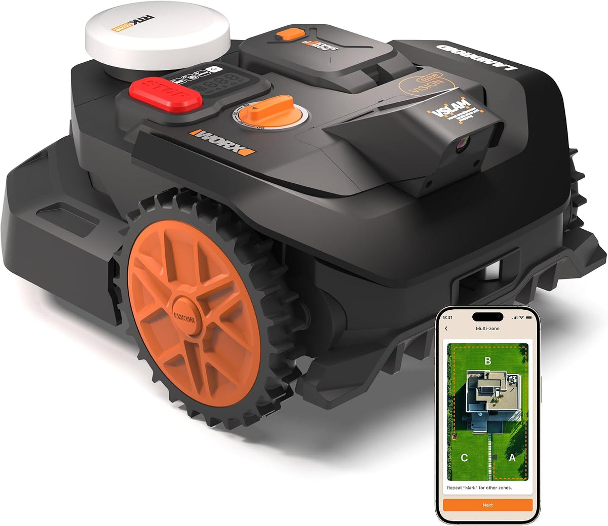 WORX Mähroboter, 400 m, Schwarz/Orange, Landroid Vision Cloud WR304E 2WD ohne Begrenzungskabel für, VSLAM+ RTK Cloud Navigation