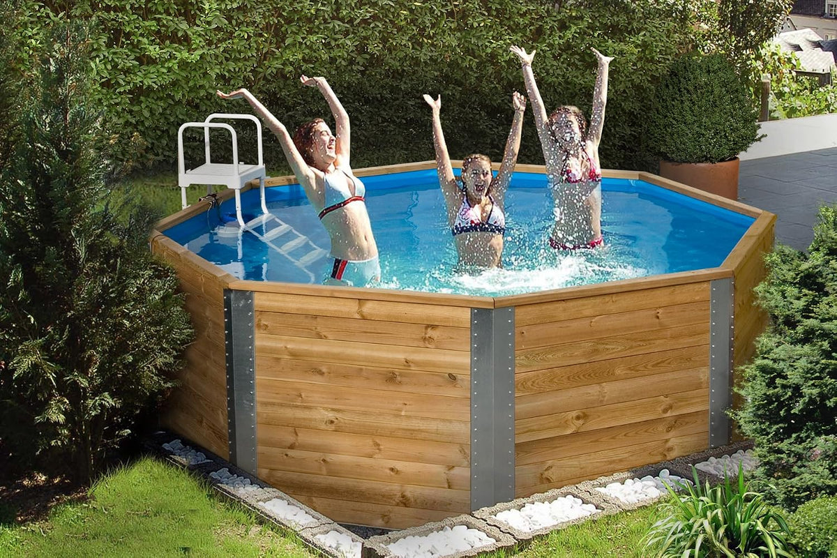 Weka Stahlrahmenpool, Holz/Blau/Weiß, Massivholzpool 593, inkl. Leiter