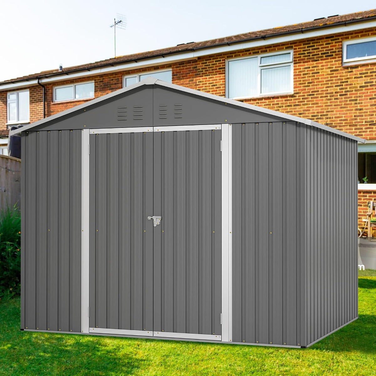 Gegtuon Gerätehaus, 229x192,3x180 cm, Anthrazit, Metall, Geräteschuppen Gartenhaus mit Satteldach, Gartenschrank mit 2 Türen & Stauraum