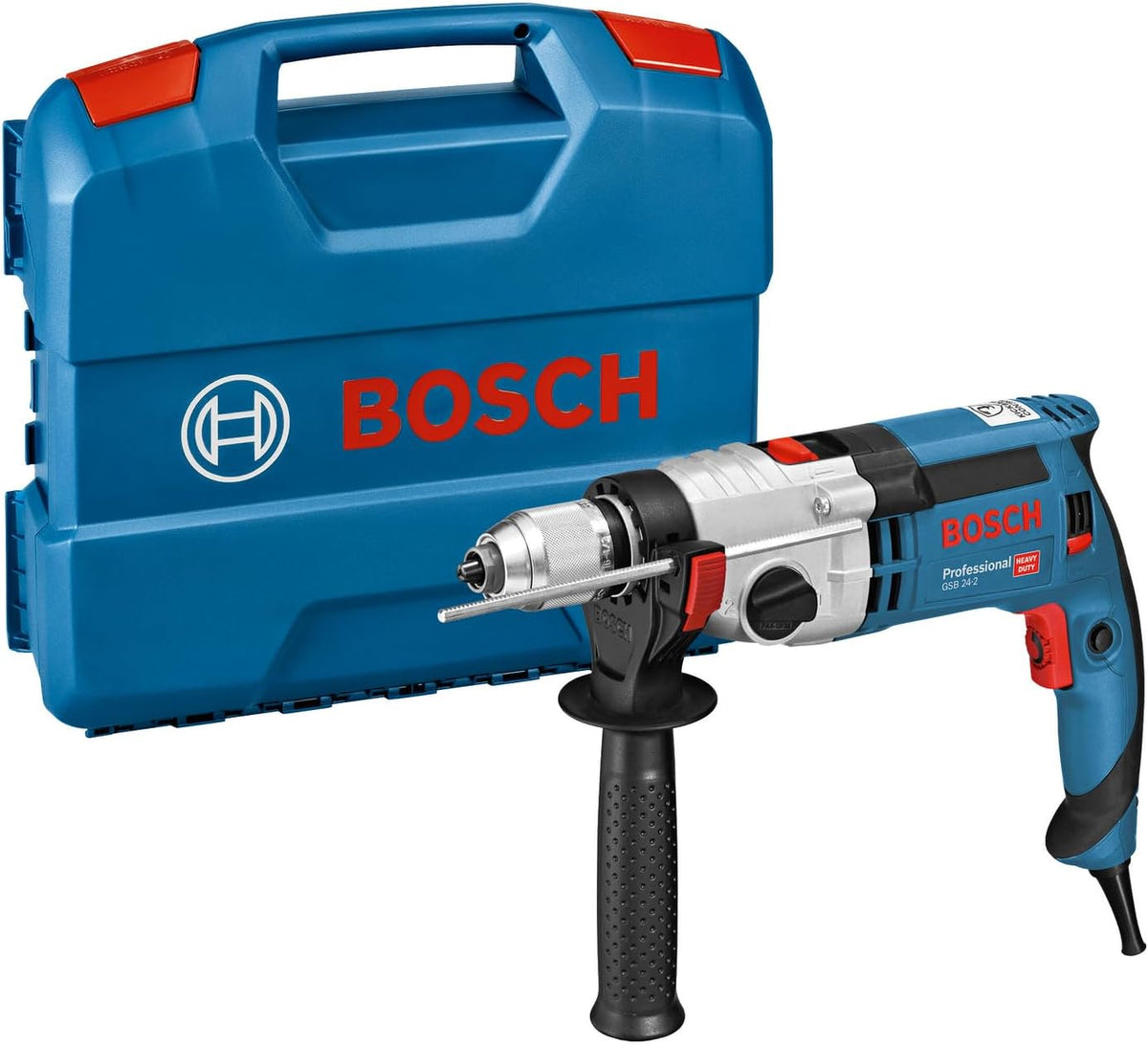 Bosch Professional Elektrowerkzeug, Blau/Rot/Schwarz/Silber, Schlagbohrmaschine GSB 24-2 (Leistung 1100 Watt, Max. Drehmoment: 40/14