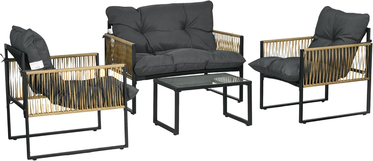 Sofa Outsunny, Grau/Natur, Gartenmöbel Set 4 Stück Gartenmöbel 2-Sitzer- 2 Sessel
