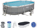 Bestway Stahlrahmenpool, 488 x 305 x 107 cm, Grau/Weiß, Power Steel Oval Pool Set 488x305x107 cm, Ovaler -Set mit Filterpumpe und Zubehör