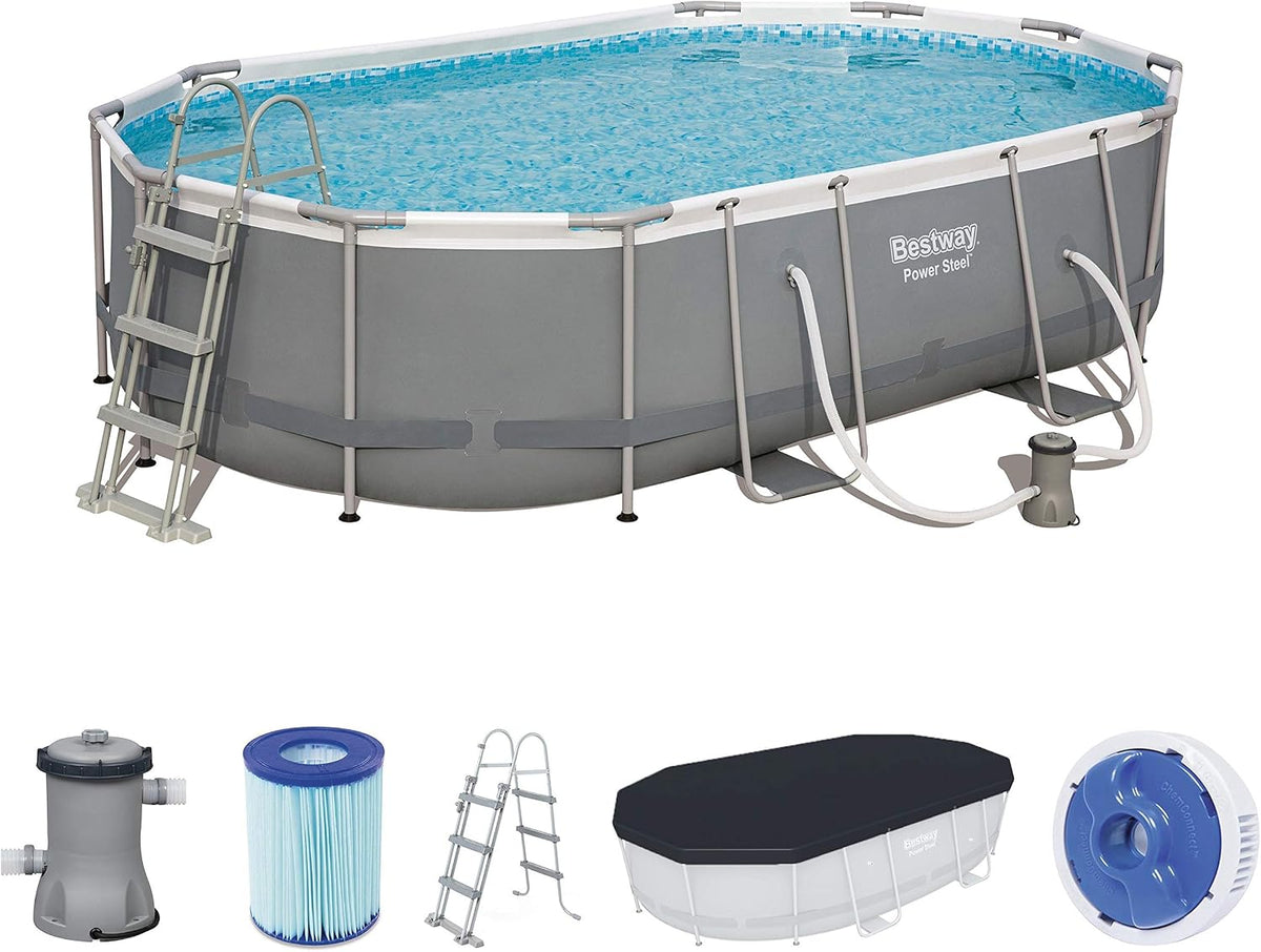 Bestway Stahlrahmenpool, 488 x 305 x 107 cm, Grau/Weiß, Power Steel Oval Pool Set 488x305x107 cm, Ovaler -Set mit Filterpumpe und Zubehör