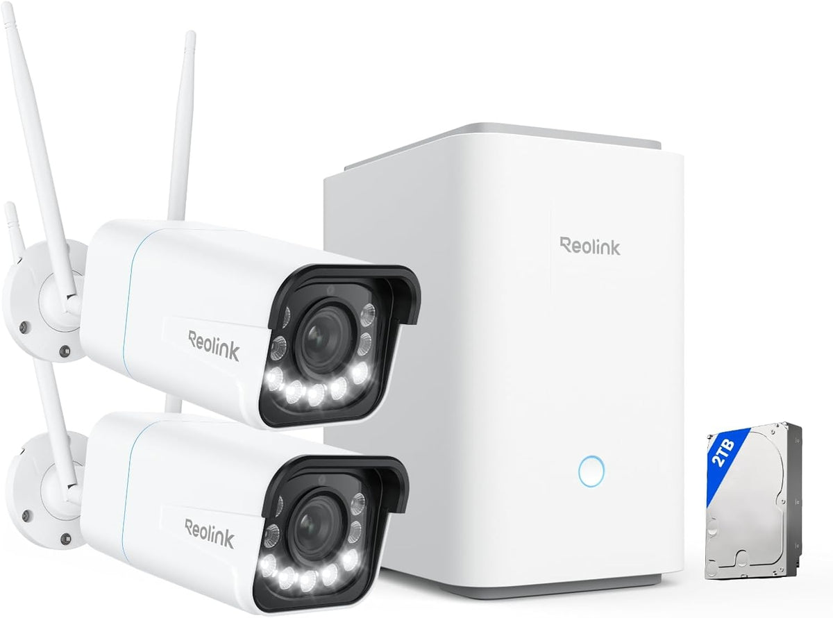 Reolink Überwachungskamera, Weiß, Home Hub Pro mit 2X RLC-811WA, 4K 8MP Wi-Fi 6 Aussen mit 5X Optischem Zoom, Farbnachtsicht