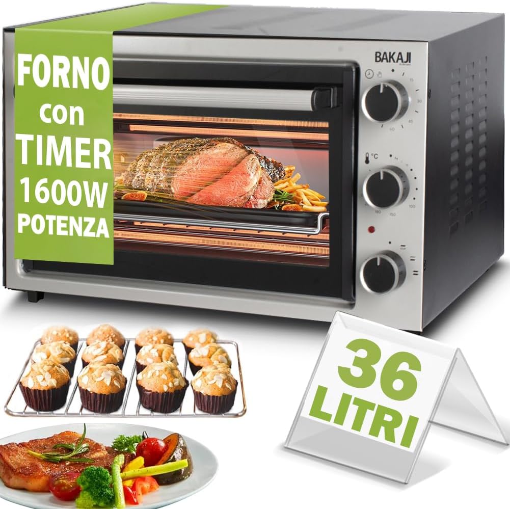 Bakaji. Mini-Öfen, 2000 Watt, 36 Liter, 1600 W, 48 l., Metall, Zink Stahl und Kunststoff, Schwarz/Silber