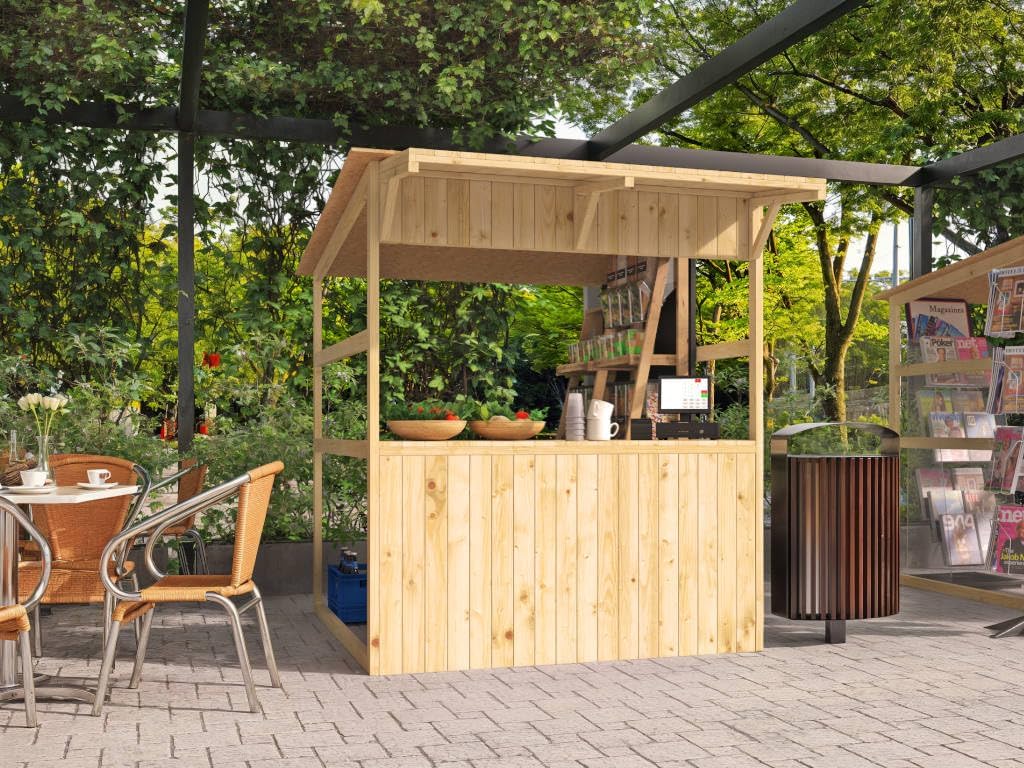 woodtex Gerätehaus, 170x180x200 cm, Naturholz, Anton Marktstand, Marktbude Holz, Qualitäts Pultdach Fichte Verkaufsstand Holzhaus mit Theke