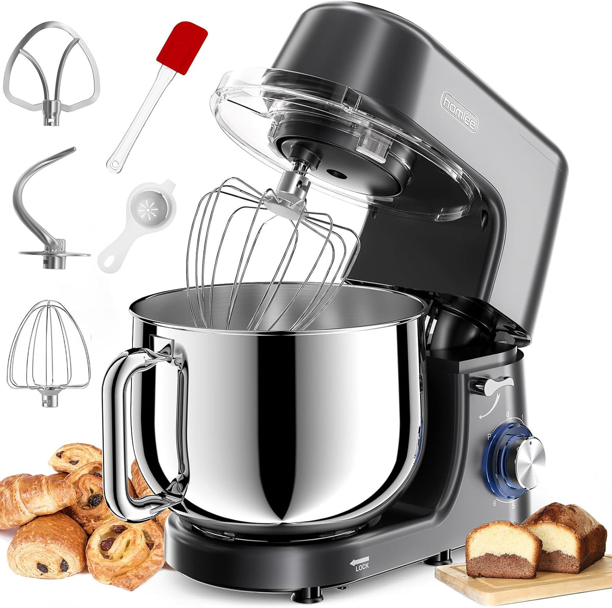 homlee Küche Haushalt & Wohnen,Elektrische Küchengeräte,Küchenmaschinen Rührgeräte & Mixer, 7.2 Liter, 2000 W, Schwarz/Silber