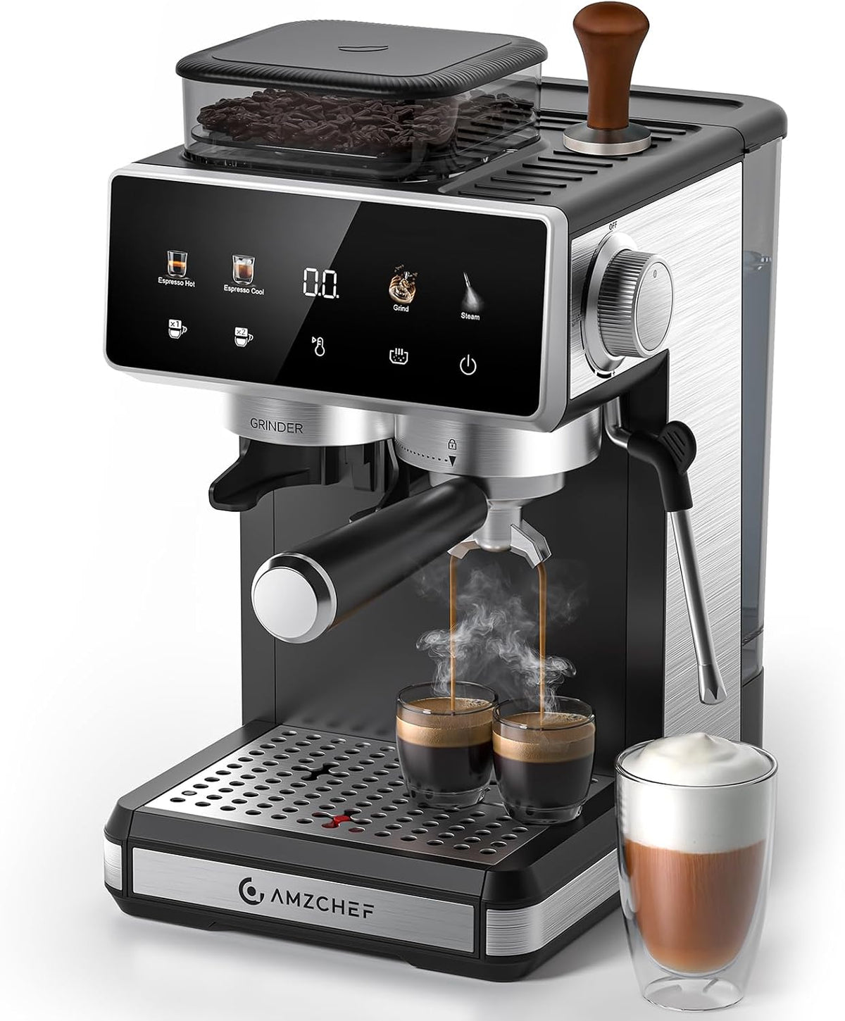 AMZCHEF Milchaufschäumer, 20 Bar, Schwarz/Silber, Siebträgermaschine mit Mahlwerk, Espressomaschine für Zuhause