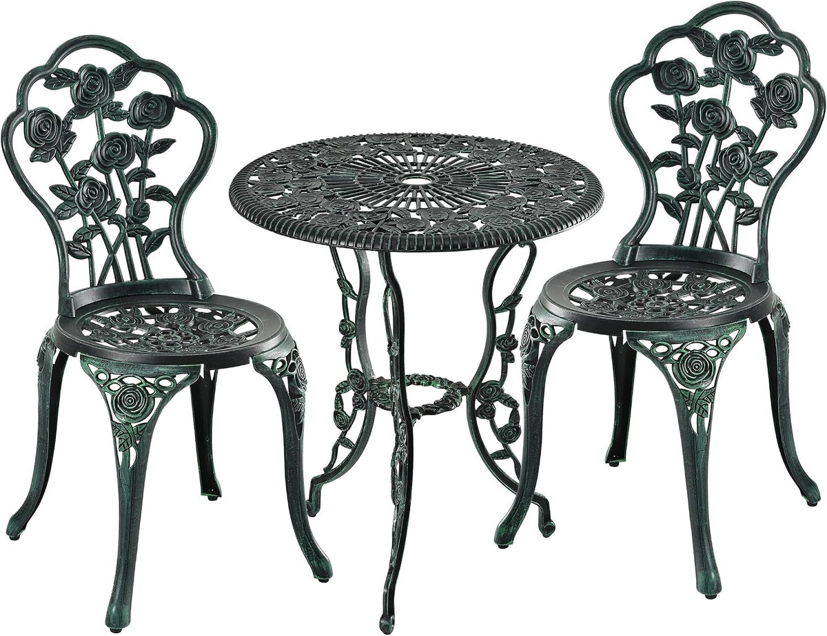 Relaxdays Gartenmöbel-Set, Schwarz/Grün, 3-teilig, Tisch & 2 Stühle, Vintage Balkonmöbel, Aluguss, Garten Sitzgruppe