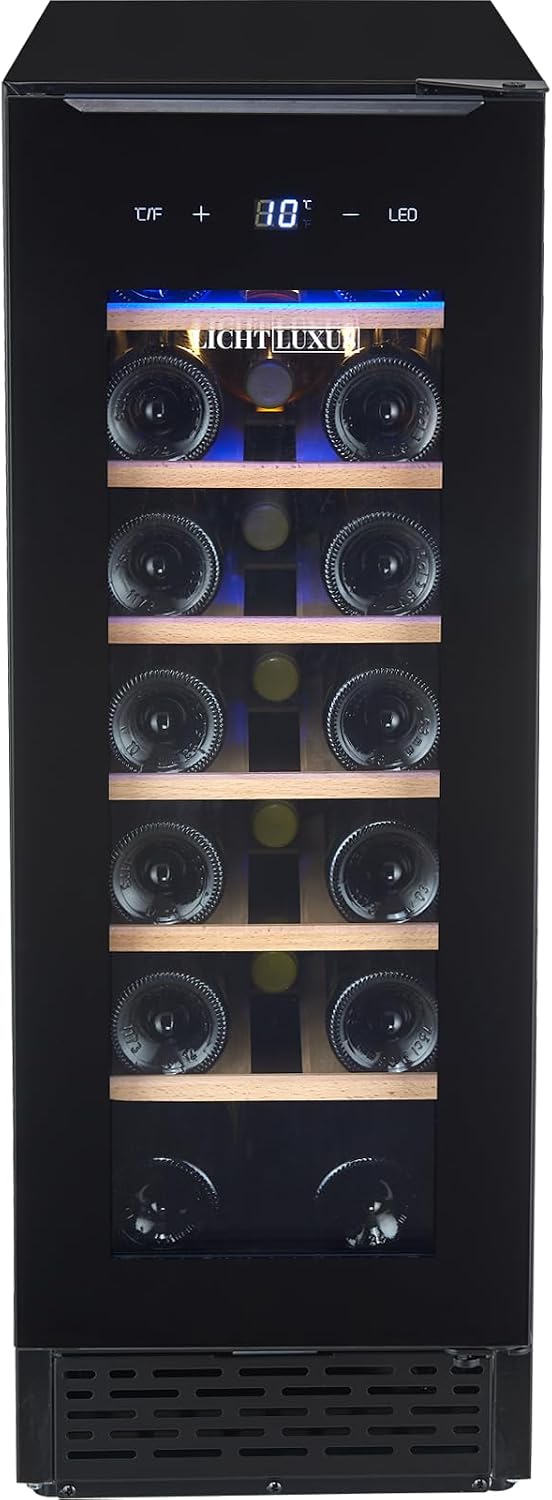 LichtLuxus Weinkühlschrank, 37 dB, 30 cm, Schwarz, Breit (Unterbaufähig) für 20 Flaschen, 1 Zone Weintemperierschrank mit UV-Glastür & Holzablagen