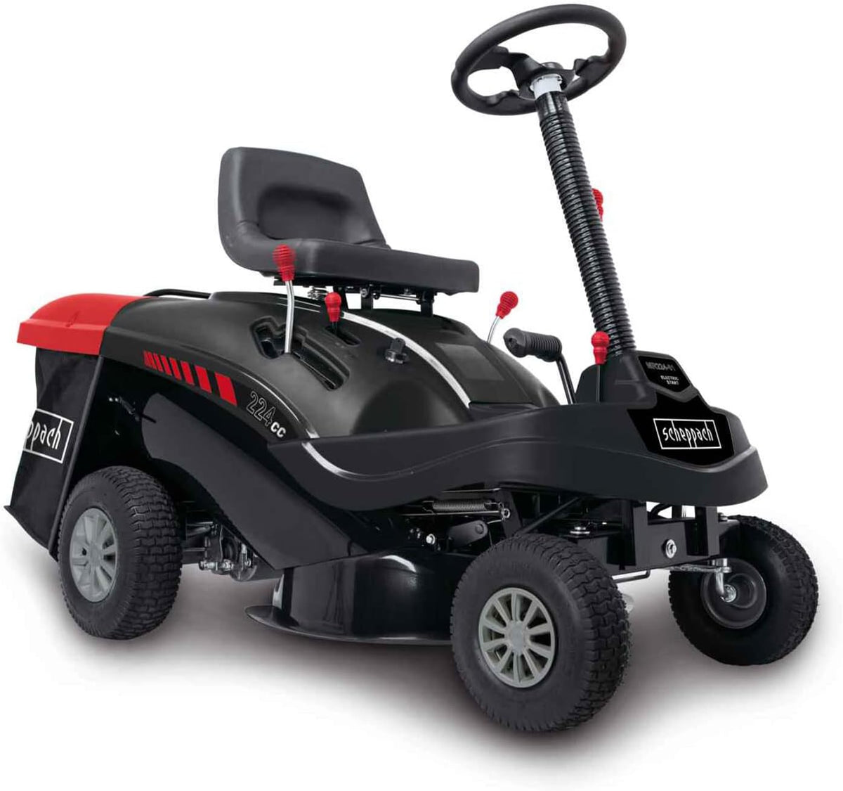Scheppach Rasenmäher, 150 L, 61 cm, Schwarz/Rot, Benzin Rasentraktor Aufsitzmäher MR224-61, Schnittbreite, 5-Fach Höhenverstellung