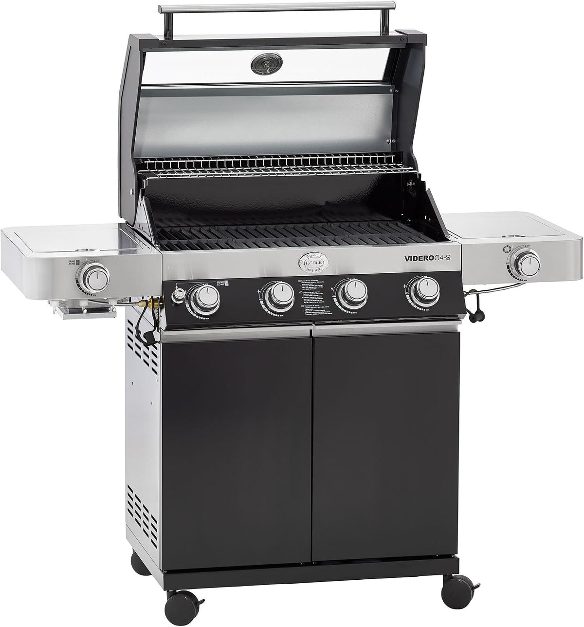 RÖSLE Gasgrill, Schwarz/Silber, BBQ-Station VIDERO G4-S Schwarz, Grill mit 4 Edelstahlbrennern, extra Primezone und Seitenbrenner