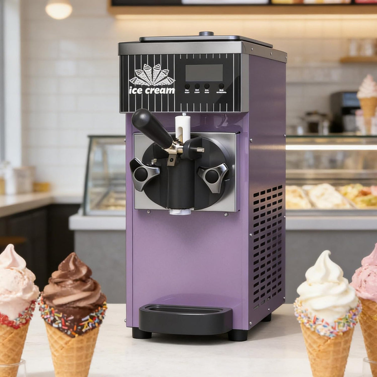 QJJML Eismaschine, 450 W / 750 W, 3,5 L, 7,4 L, 3.5 L, Edelstahl, Lila, Für Eine Sorte, Professioneller Softeishersteller Mit Edelstahlgehäuse