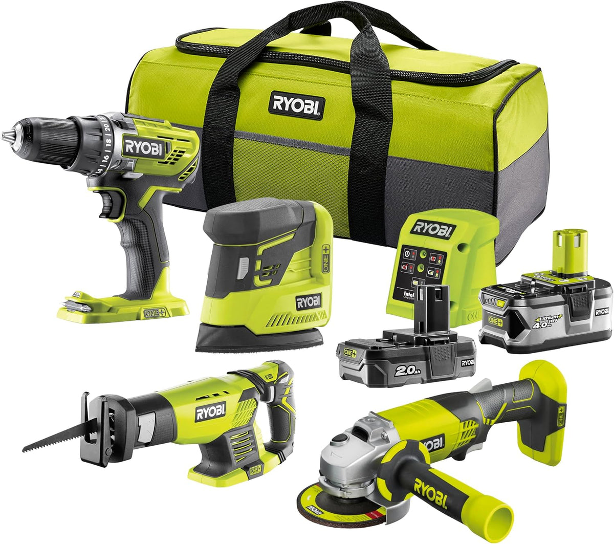 RYOBI Akkuschrauber, 2,0 Ah, 4,0 Ah, 18 V, Grün/Schwarz/Grau, ONE+ 8-tlg, Kombo-Kit R18CK4E-242S, 8-teilig
