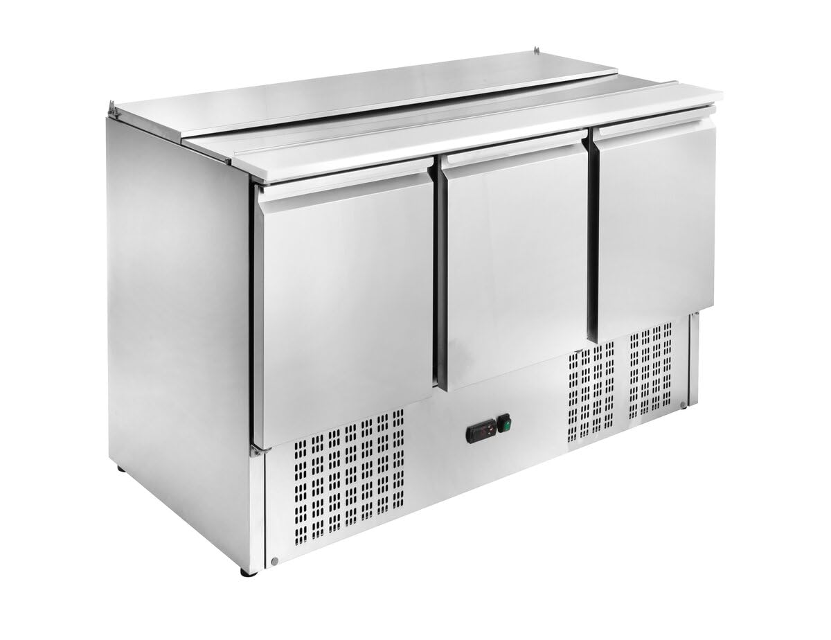 GastroHero Kühltheke, 368 Liter, Silber, Saladette Eco 1370 mit Kühlung, 3 Edelstahl Türen, 3 Einlegeböden, GN-Behältereinlass