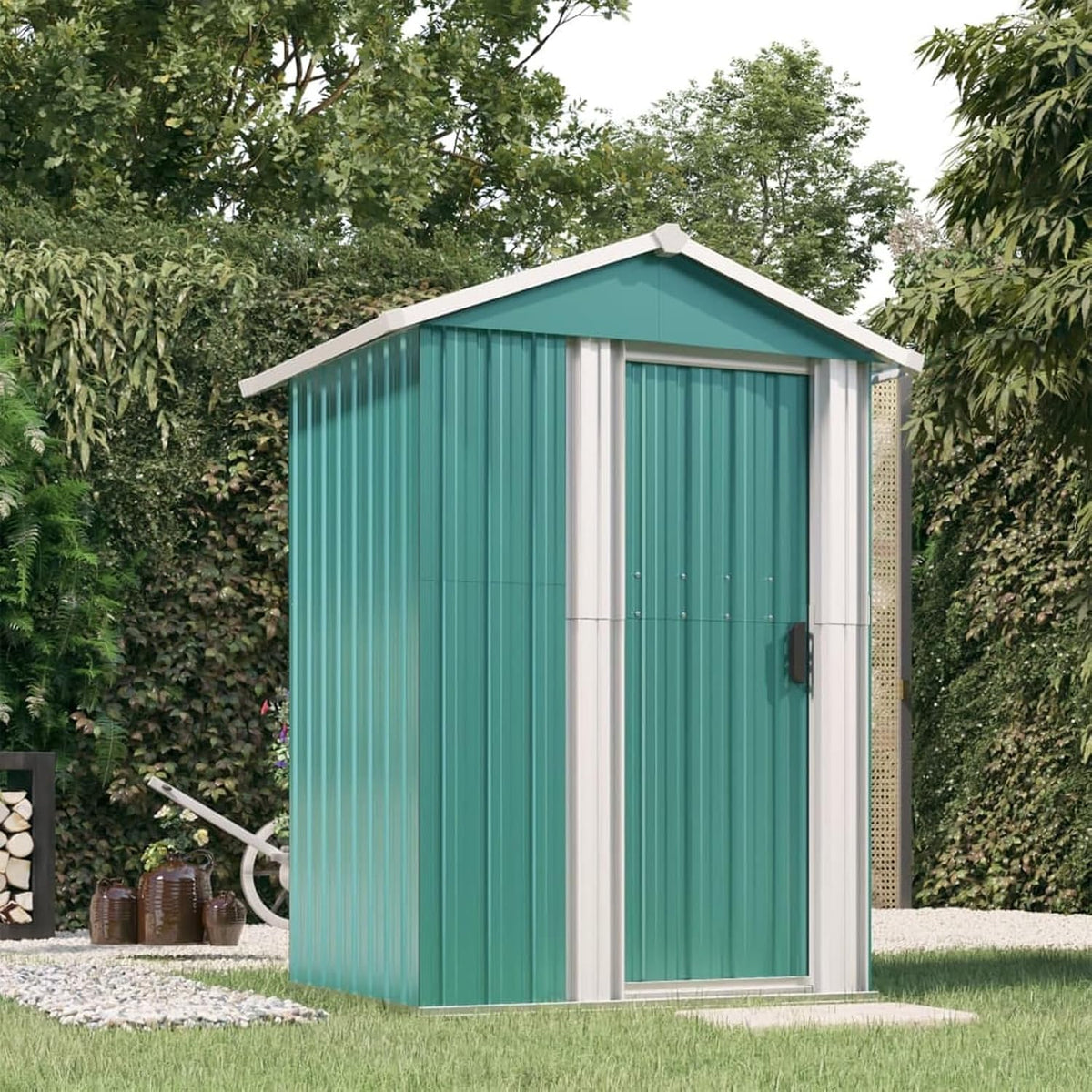 Gerätehaus Xichuzi, 126x97,5x177 cm, Verzinkter Stahl, Grün/Silber, Geräteschuppen, Gartenhaus, Fahrradunterstand