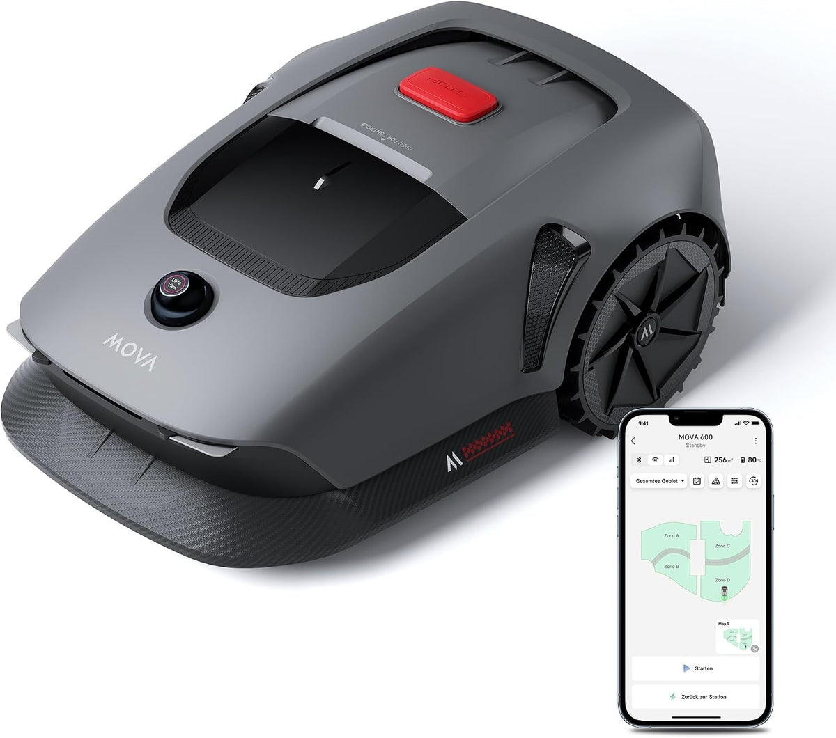 Mova Mähroboter, 800 m, Grau/Schwarz, 600 Kit, Rasenmäher Roboter mit 81x Ersatzmesser, 360° 3D LiDAR ohne Begrenzungskabel & genaue Kartierung bis