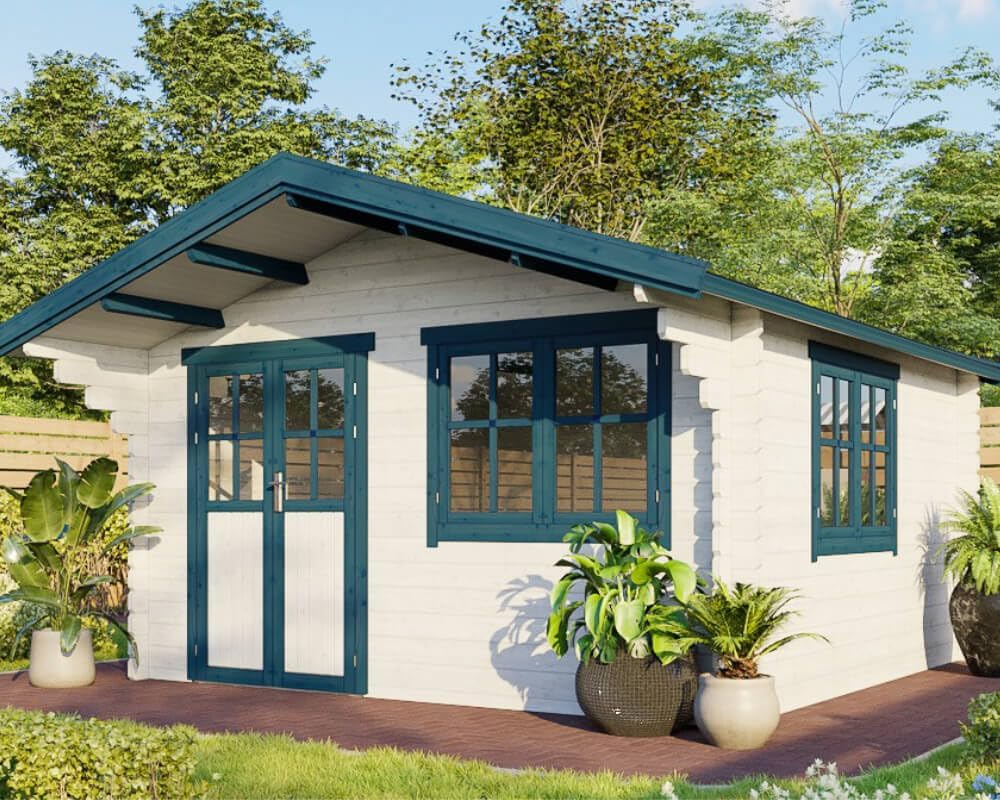Gerätehaus McGaRDEN, 35 mm, Weiß/Blau, Gartenhaus Holzhaus Gartenlaube Blockhaus 4x4m